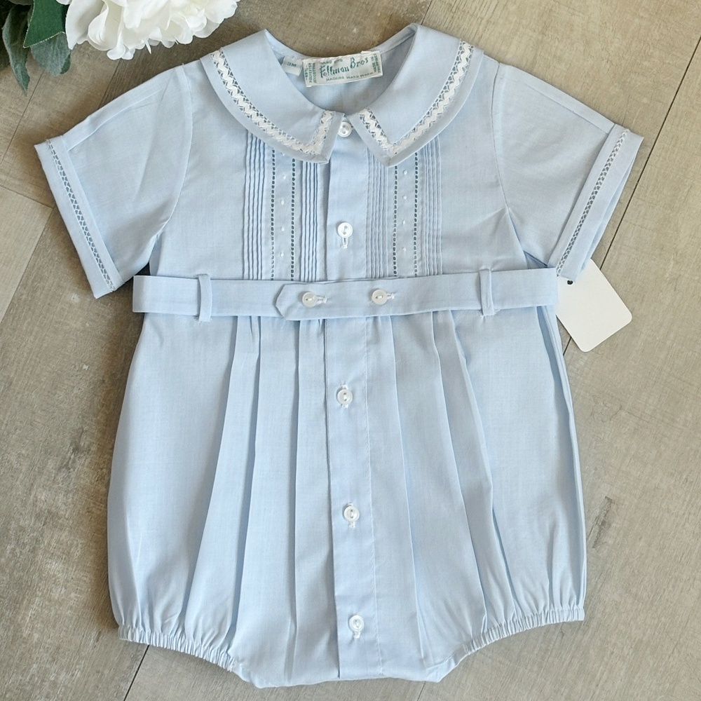 Blue Heirloom Ric-Rac Button Belt Creeper Feltman Brothers White Trim Boys NWT